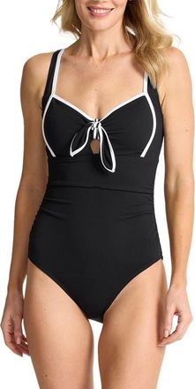 Tommy Bahama Island Cays Cabana Tie Front One-Piece Swimsuit in Black at Nordstrom, Size 14
