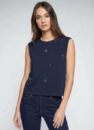 Vilagallo Sleeveless Embroidered Beaded Top In Navy