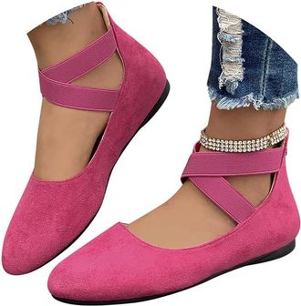 Generic Womens Comfortable Fashion Elastic Ankle Straps Flats Shoes, Ballet Flats Comfortable Slip-On Square Toe Dress Shoes with Elastic Ankle Straps, Ballet