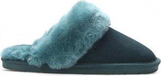 Infinity Leather Dames muiltjes van echt schapenvacht, groen suède, winterpantoffels - Luna