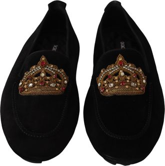 Dolce & Gabbana Black Leather Crystal Gold Crown Loafers Mens Shoes