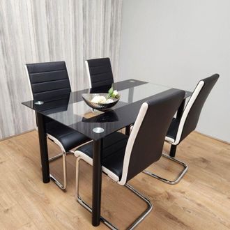 Kosy Koala Kosy Koala - Dining Table and 4 Chairs Black Clear Glass 4 Leather Black White Chairs Dining Room Furniture