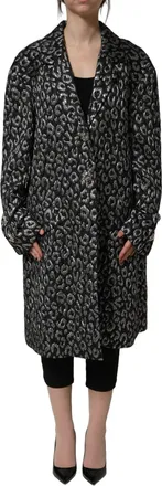 Dolce & Gabbana Womens Black Silver Jacquard Leopard Coat Jacket Polyester Acrylic Wool Clothing