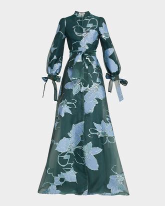 Teri Jon Floral Metallic Jacquard Shirt Gown