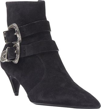 Saint Laurent Womens Suede Charlotte Suede Silver Western Buckle Bootie (Authentic Pre-Loved)
