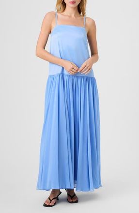 French Connection Marina Mixed Media Drop Waist Maxi Dress in Blue Hydrangea at Nordstrom, Size 10