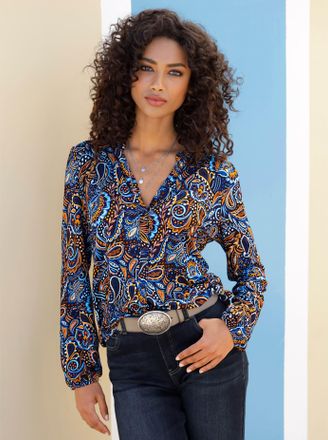 Heine Klassische Bluse HEINE, Damen, Gr. 34, braun (cognac, aqua, bedruckt), 95% Viskose, 5% Elasthan, Paisley, bedruckt, gemustert, mehrfarbig, Rundhals, B