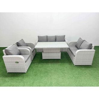 Fimous Pe Rattan Garden Furniture Set Reclining Chair Sofa Double Love Seat 2 Seater Sofa Lounge Set Adjustable Lifting Dining or Coffee Table Big Footstool