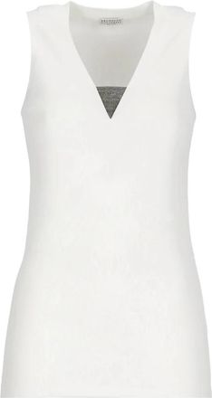 Brunello Cucinelli Mouwloze Top met Diamantgeslepen Messing Details - Dames - Tops zonder mouwen - Wit - M - Tops