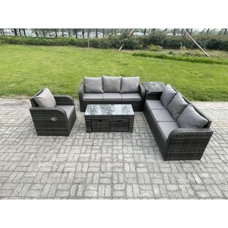 Fimous 9 Seater Outdoor Lounge Sofa Set Rattan Garden Furniture Set with Rectangular Coffee Table 2 Small Footstools 3 Seater Sofa Side Table Dark Grey