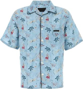 Prada Mens Printed Satin Shirt - Light Blue viscose - Size Medium