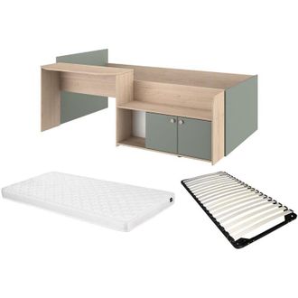 Vente-Unique Letto combinato 90 x 190/200 cm Naturale e Verde + Rete a doghe + Materasso - MIVONA