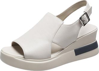 Generic Leather Sandals For Women Fish Mouth Flat Sandal Leather Strap Buckle Plimsolls Soft Insole Walking Shoes Womens Non-Slip Waterproof Casual Shoes Summ