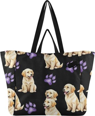 Generic Dogs Puppy Paw Black print Reusable Canvas Tote Bag, Heavy Duty Grocery Shopping Bag with Large Capacity Double Handles Hard Bottom Work Groceries Tra