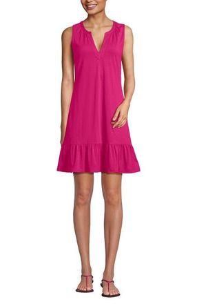 Lands End Sleeveless Cotton Jersey Notch Neck Flounce Dress in Cherry Fuchsia at Nordstrom, Size X-Large P