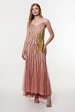 Karen Millen Womens Digital Ophelia Ombre Beaded Strapless Woven Maxi Dress - Pink - Size 12 UK
