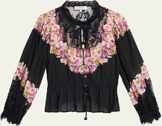 Sea New York Persephone Print Cotton & Lace Long-Sleeve Blouse