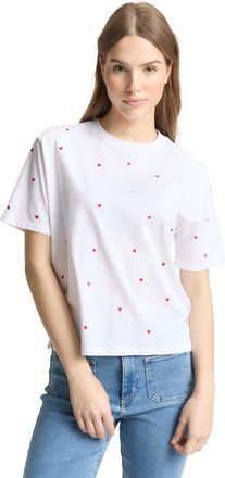 Tom Tailor Denim T-Shirt TOM TAILOR DENIM, Damen, Gr. XXL, wei&szlig; rot heart embroidery, Jersey, Obermaterial: 100% Baumwolle, bedruckt, regular fit normal, Rundhals, ger