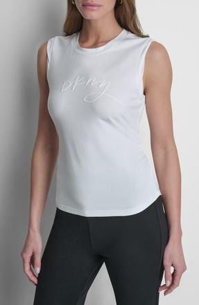 DKNY Script Ruched Cotton Blend Tank in White at Nordstrom, Size Xx-Small