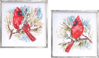 Melrose International Winter Cardinal and Pine Branch Framed Print (Set of 2) - White, Red, Brown