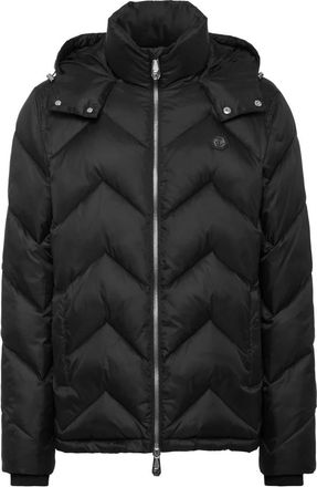 Philipp Plein Jassen, Heren, Zwart, XL, Nylon, Nylon Short Puffer Jacket Zigzag