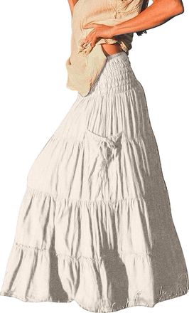 Generic Linen Skirts for Women UK - Floaty Skirts for Women UK - Longskirt Plus Size Boho Maxiskirt Summer Beachskirt Summer Solid Color Skirt Skirt Elasticat
