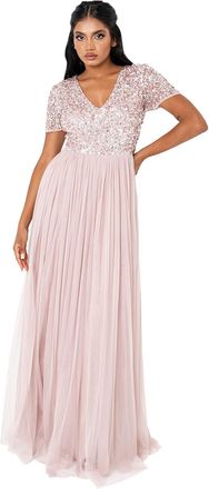 Maya Womens Ladies Dress for Wedding Guest Plus Size Empire High Waist Sequins Short Sleeve Evening Bridesmaid, Frosted Pink, 16
