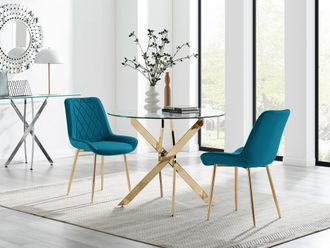 Furniturebox Novara 100cm Round Gold Leg Dining Table & 2 Pesaro Gold Leg Chairs in Blue