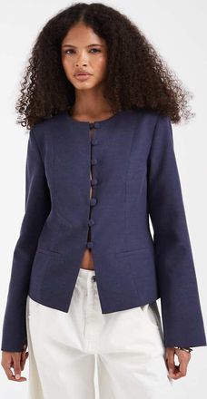 Asos Blazer aderente in lino con bottoni-Blu