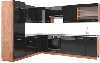 Vicco Cocina Esquinera Fame-line, Antracita Brillo Intenso/roble Dorado El&eacute;ctrico, 227 X 287 Cm, Et M&aacute;rmol