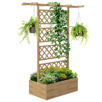 OUTSUNNY Wooden Trellis Planter - Raised Garden Bed for Climbing Plants - Natural | TJ Hughes