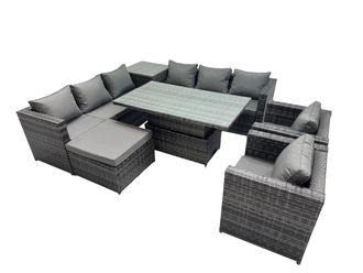 Fimous 9 Seater Outdoor Garden Rattan Furniture Set with Side Table Big Stool in Dark Grey