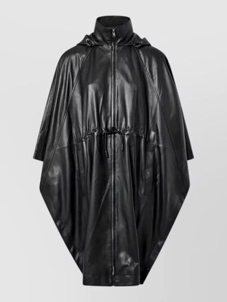 Yves Salomon leather hooded cape drawstring waist jacket
