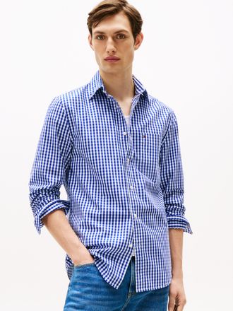 Tommy Hilfiger Langarmhemd TOMMY HILFIGER FLEX POPLIN GINGHAM SHIRT, Herren, Gr. S, N-Gr, blau (wedge blau, check), Web, Obermaterial: 100% Baumwolle, kariert, regul