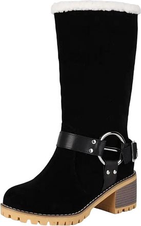 Generic Womens Retro Mid Calf Boots Round Toe High Block Heel Platform Slip On Design With Metal Detail Casual Pull On Shoes