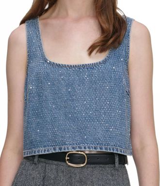 Self Portrait Rhinestone Denim Crop Top In Blue