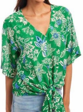 Karen Kane Tie Front Top In Green Print