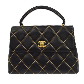 Chanel Surpique Classic Top Handle Flap Quilted Lambskin Black Leather Handbag (Pre-Owned)