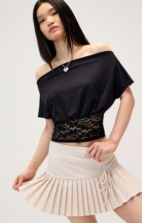 Twik Womens Asymmetric-neck lace-trim T-shirt