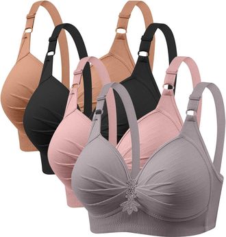 Generic Anti Sagging Bras for Older Women 4 Pack Bra Wireless Full Coverage Lace Bralette Adjustable Straps Soft Bras for Women UK Push Up Comfort Bralette La
