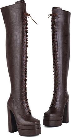 Generic Fashion Womens Gold Snake Print Over-The-Knee Boots, Chunky Block Heel & Square Toe, Side Zipper Winter Thigh High Boots for Women(brown,5.5 UK)