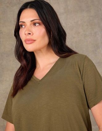 Live Unlimited London Womens Khaki Cotton Slub Longline V Neck T-Shirt - Green - Size: 22