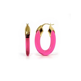Gold & Honey Womens Carved Oval Lucite Birthstone Hoop Earrings In October - Pink Tourmaline