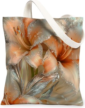 Generic Spring Daylily Flower Canvas Tote Bag for Shopping 13x15, 3D Style Luxury Florals Reusable Grocery Print Pattern Bag for Women, Cool Modern Beach Aest