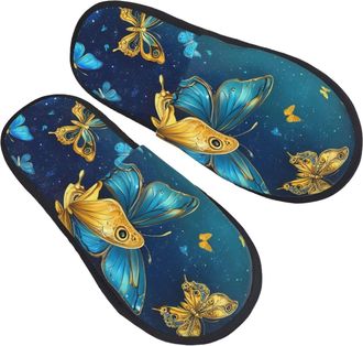 Generic Furry Slippers Flying Blue Gold Butterflies Pattern Home Slippers Unisex Comfy House Slipper For Hotel Travel Party M