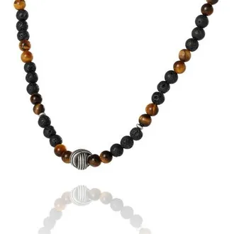 Lucky Brand Mens Lava Rock & Tiger Eye Beaded Necklace, Silver-Tone Center Bead in Black at Nordstrom