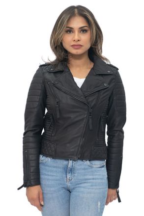 Infinity Leather Womens Quilted Vintage Brando Biker Jacket-Lusaka - Black Nappa Leather - Size 16 UK