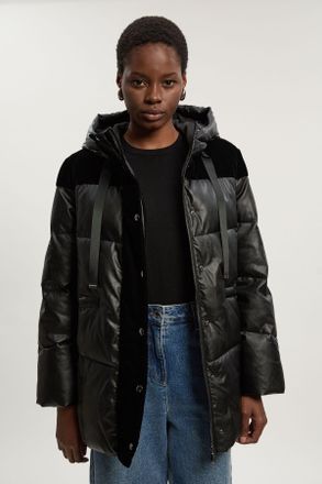 Karen Millen Womens Faux Leather Padded & Velvet Mix Hooded Coat - Black - Size 14 UK