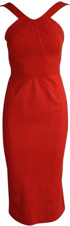 Zac Posen Halter Flared Bottom Midi Dress in Red Polyester