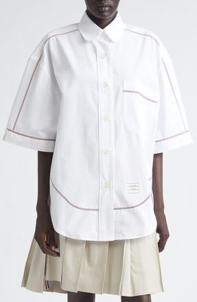 Thom Browne Supersize Tricolor Trim Short Sleeve Button-Up Shirt in White at Nordstrom, Size 2 Us